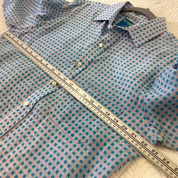 michael's Men's 100% Linen Shirt Made in USA size L pink blue check prints - Picture 5 of 11
